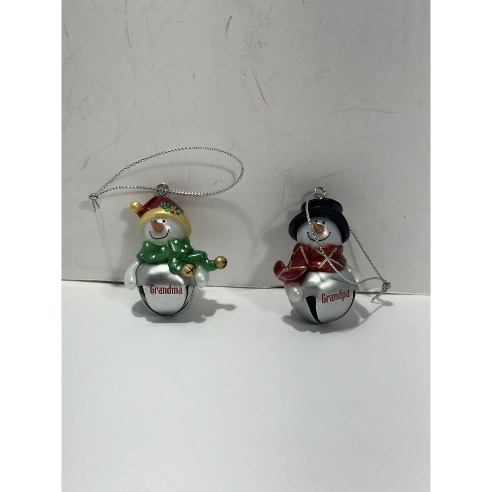 Pair Ganz Snowman Silver Bells Ornament‎ Grandpa And Grandma Lot Of 2